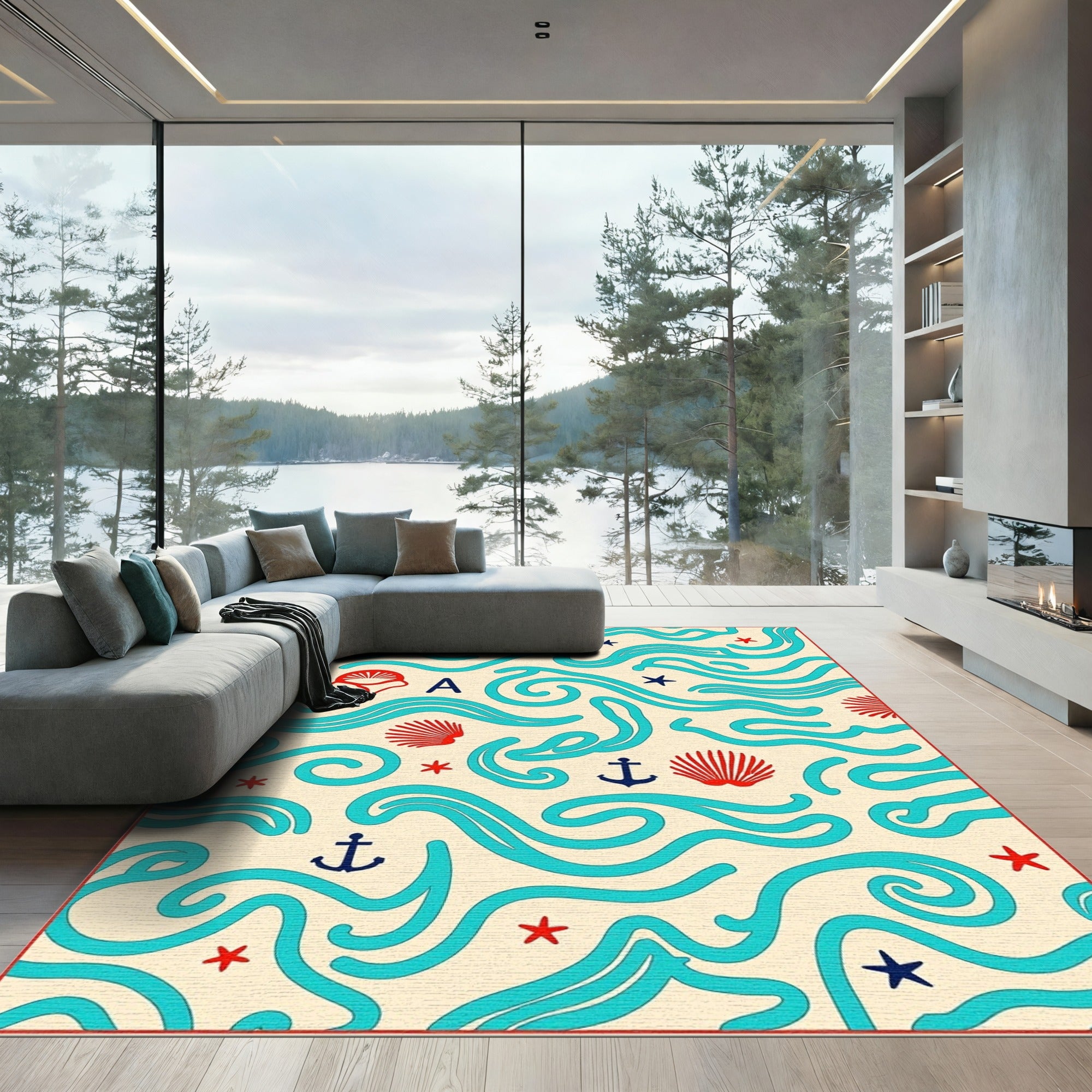 Coastal Blue Wave Shell Anchor Rug