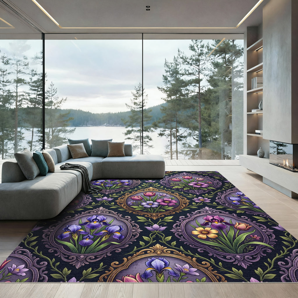 Ornate Floral Victorian Violet Frame Rug