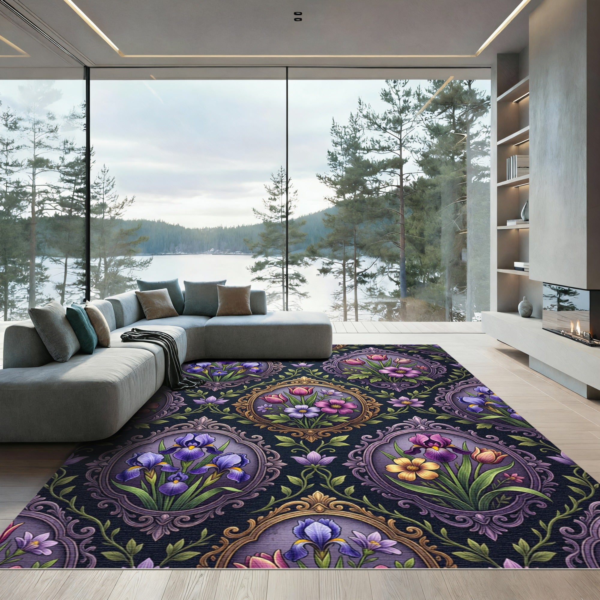 Ornate Floral Victorian Violet Frame Rug