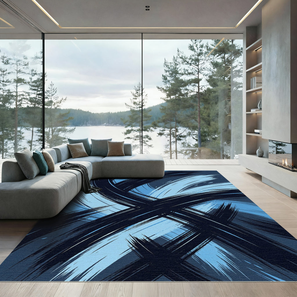 Abstract Navy and Sky Blue Swirl Rug
