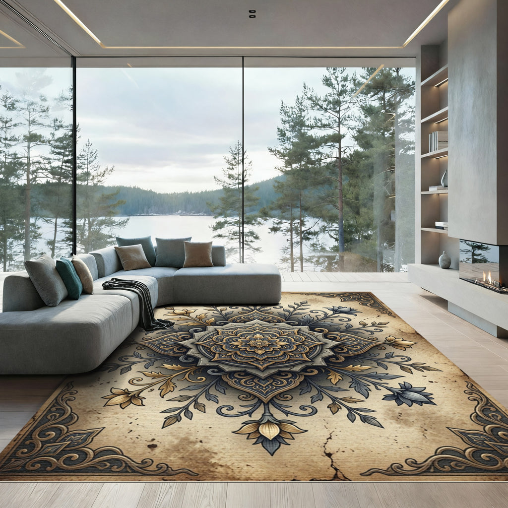 Antique Gold Navy Floral Medallion Rug