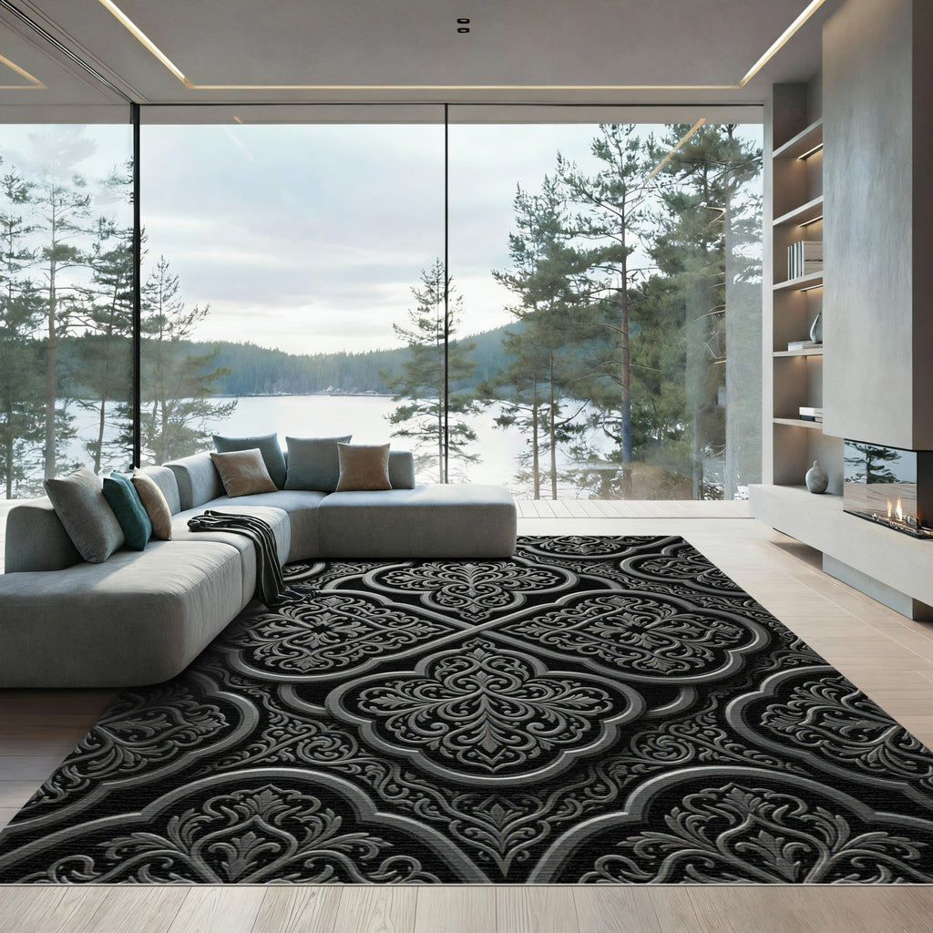 Elegant Charcoal Damask Ornate Medallion Rug