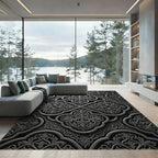 Elegant Charcoal Damask Ornate Medallion Rug