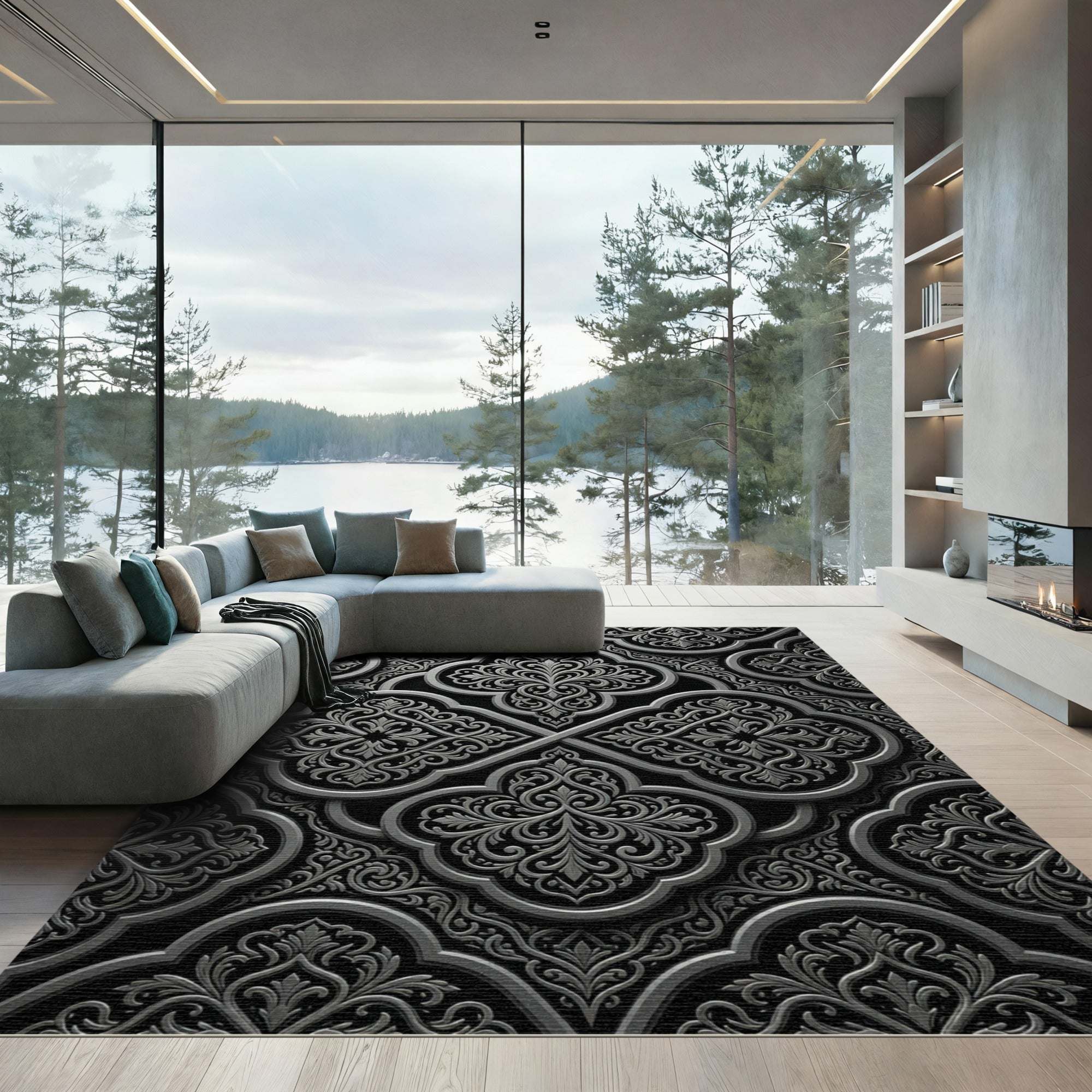 Elegant Charcoal Damask Ornate Medallion Rug