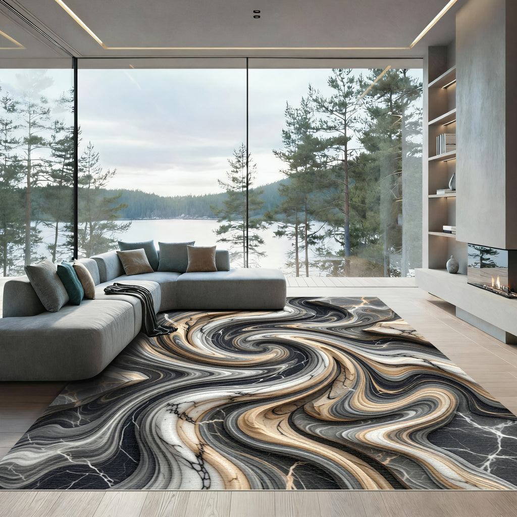 Earthy Marble Swirl Abstract Liquid Wave Rug