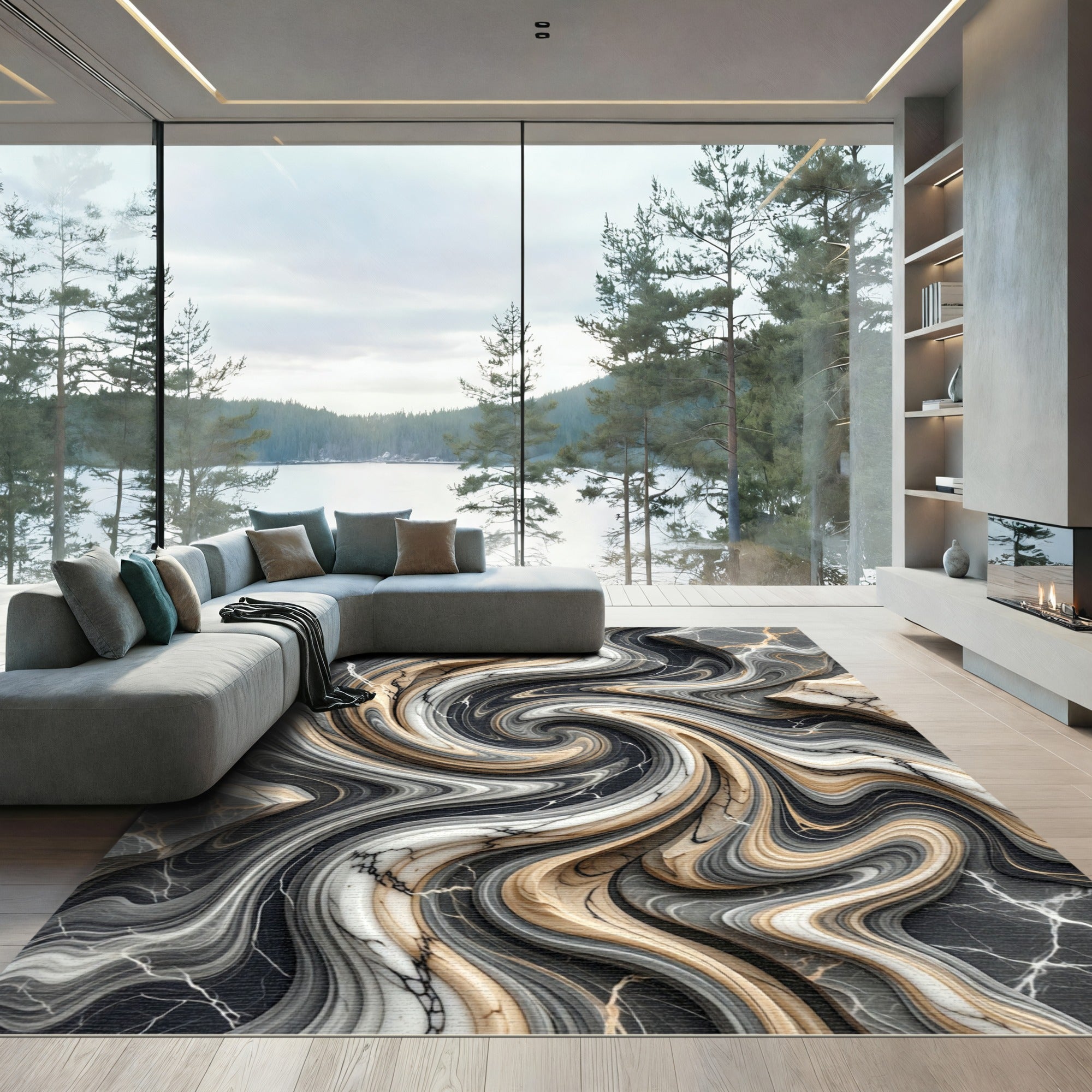 Earthy Marble Swirl Abstract Liquid Wave Rug