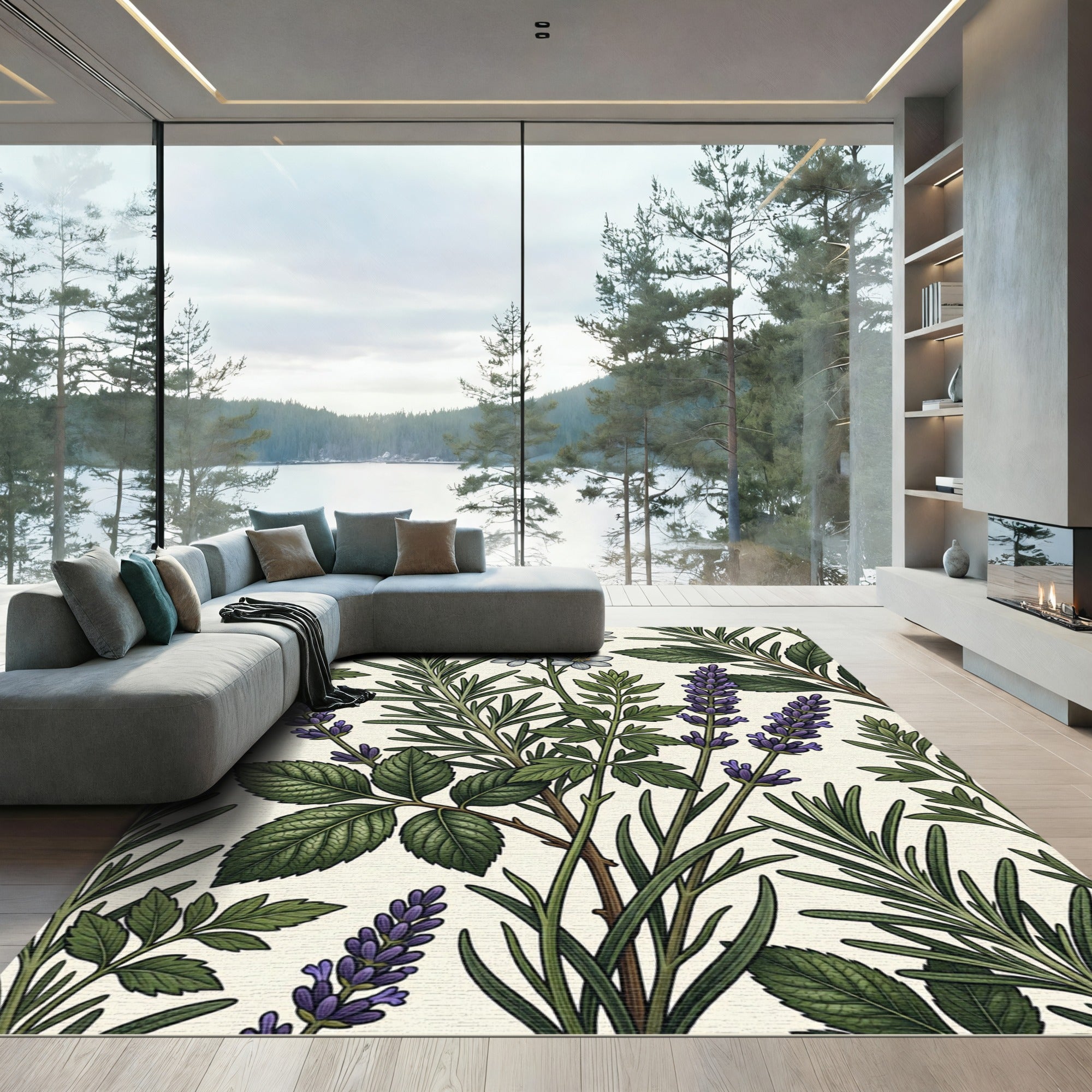 Botanical Lavender and Rosemary Herb Garden Rug