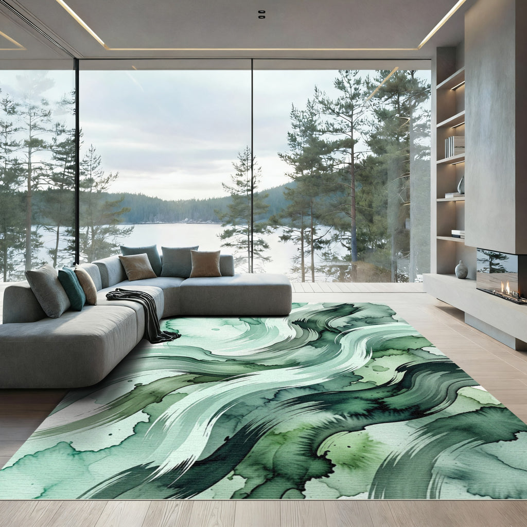 Emerald Green Fluid Brushstroke Rug