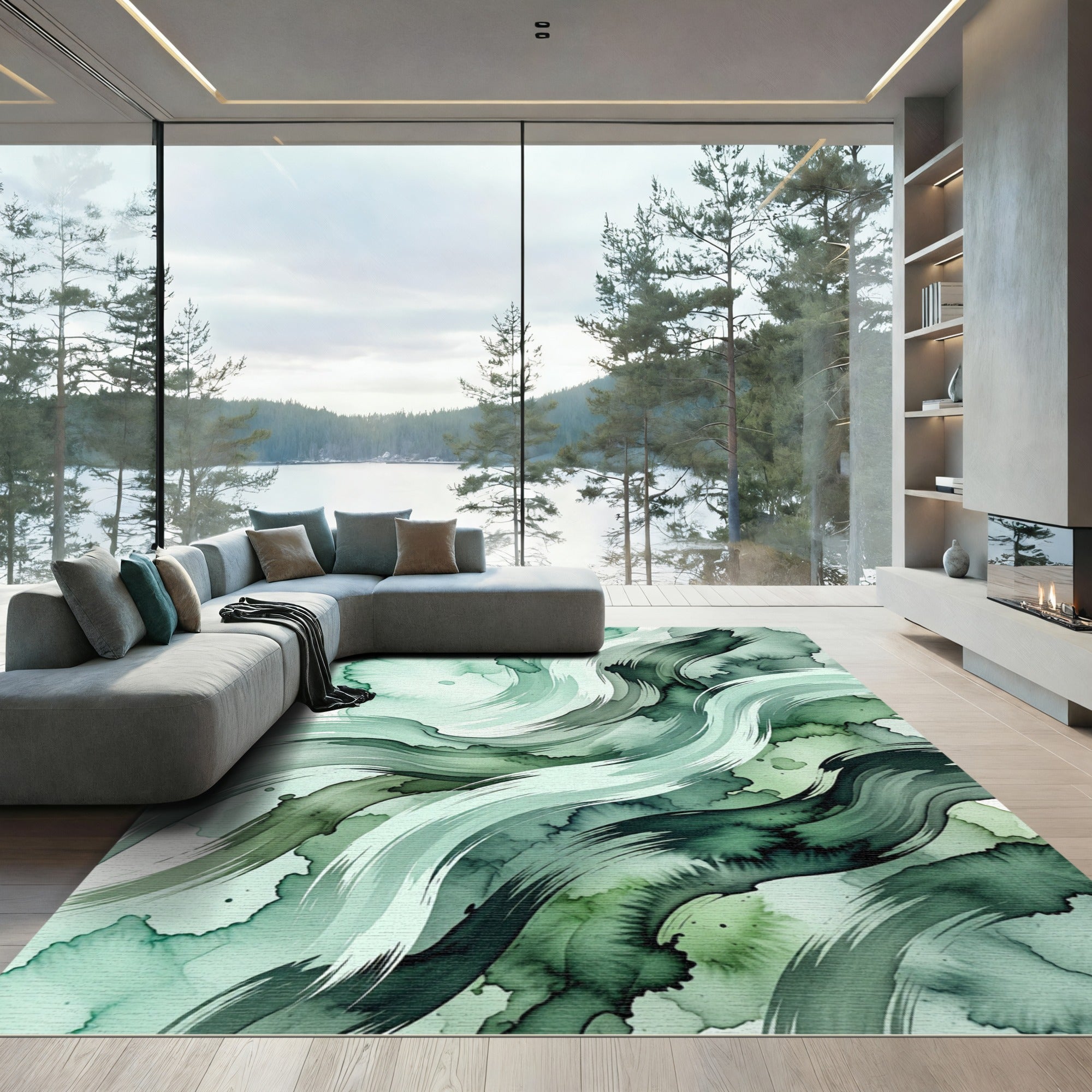 Emerald Green Fluid Brushstroke Rug