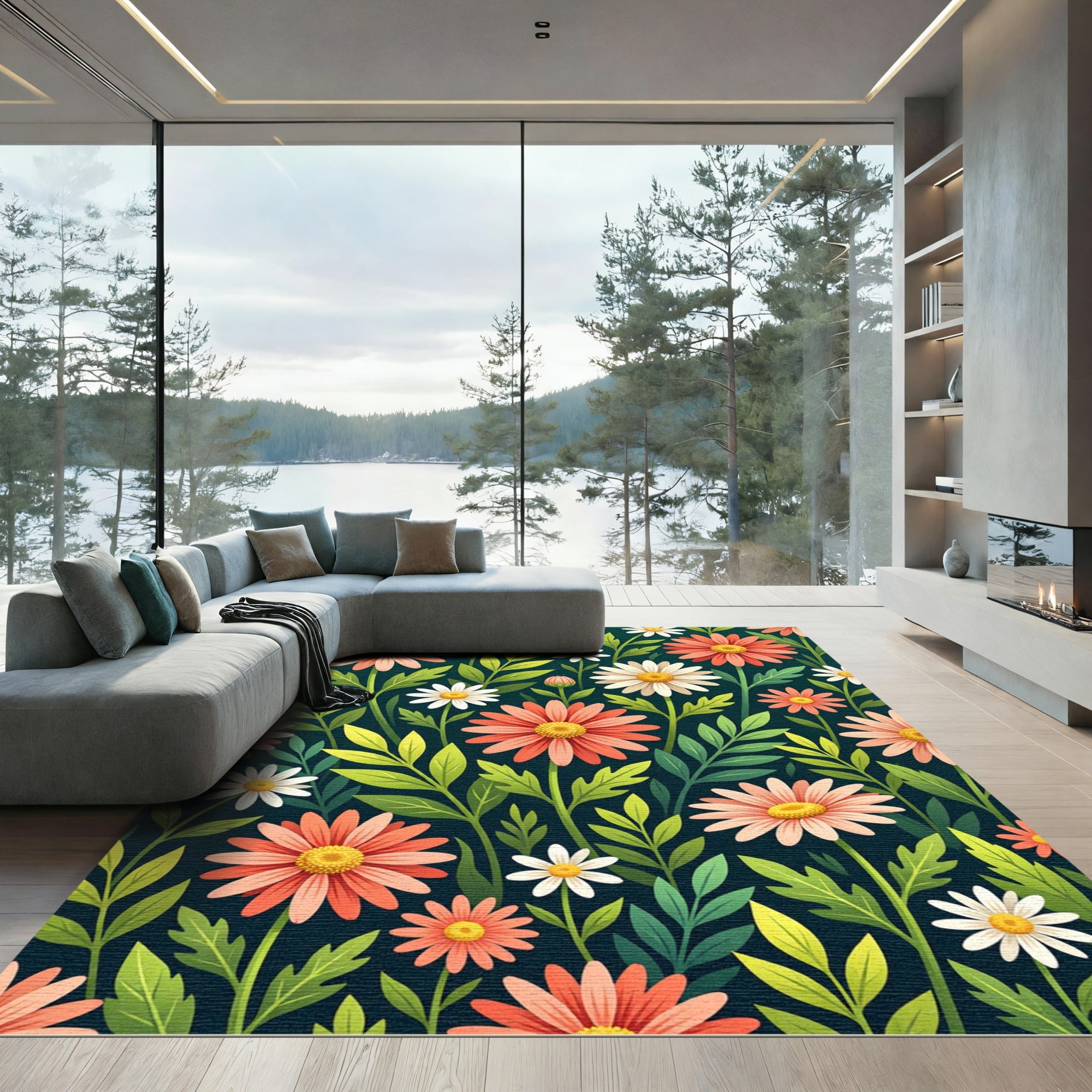 Vibrant Pink Daisy Meadow on Teal Rug