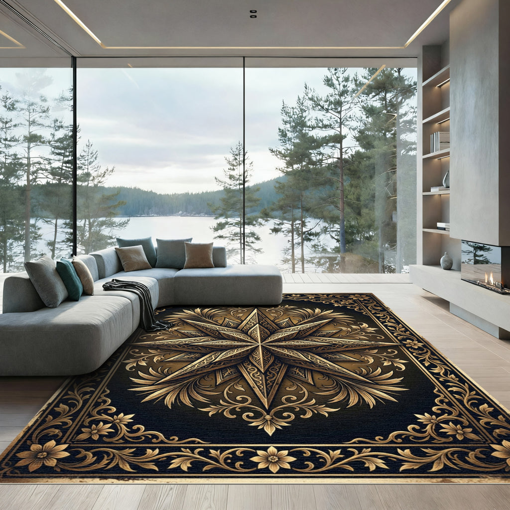 Ornate Golden Star Medallion Art Rug
