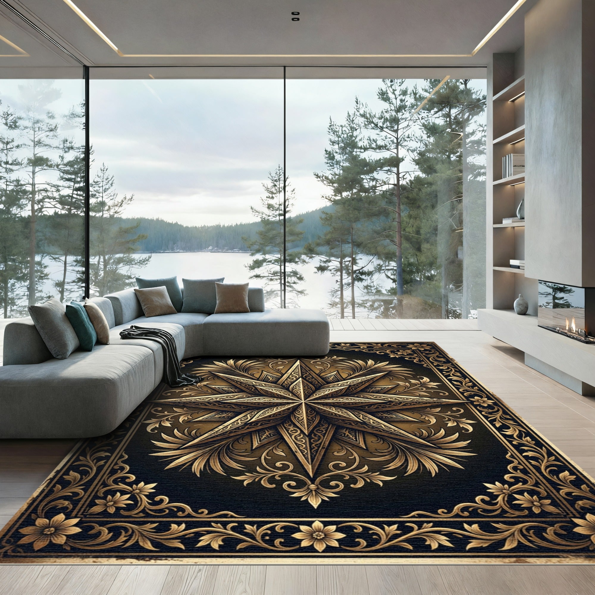 Ornate Golden Star Medallion Art Rug