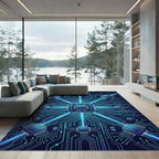 Neon Blue Cybernetic Circuit Grid Rug