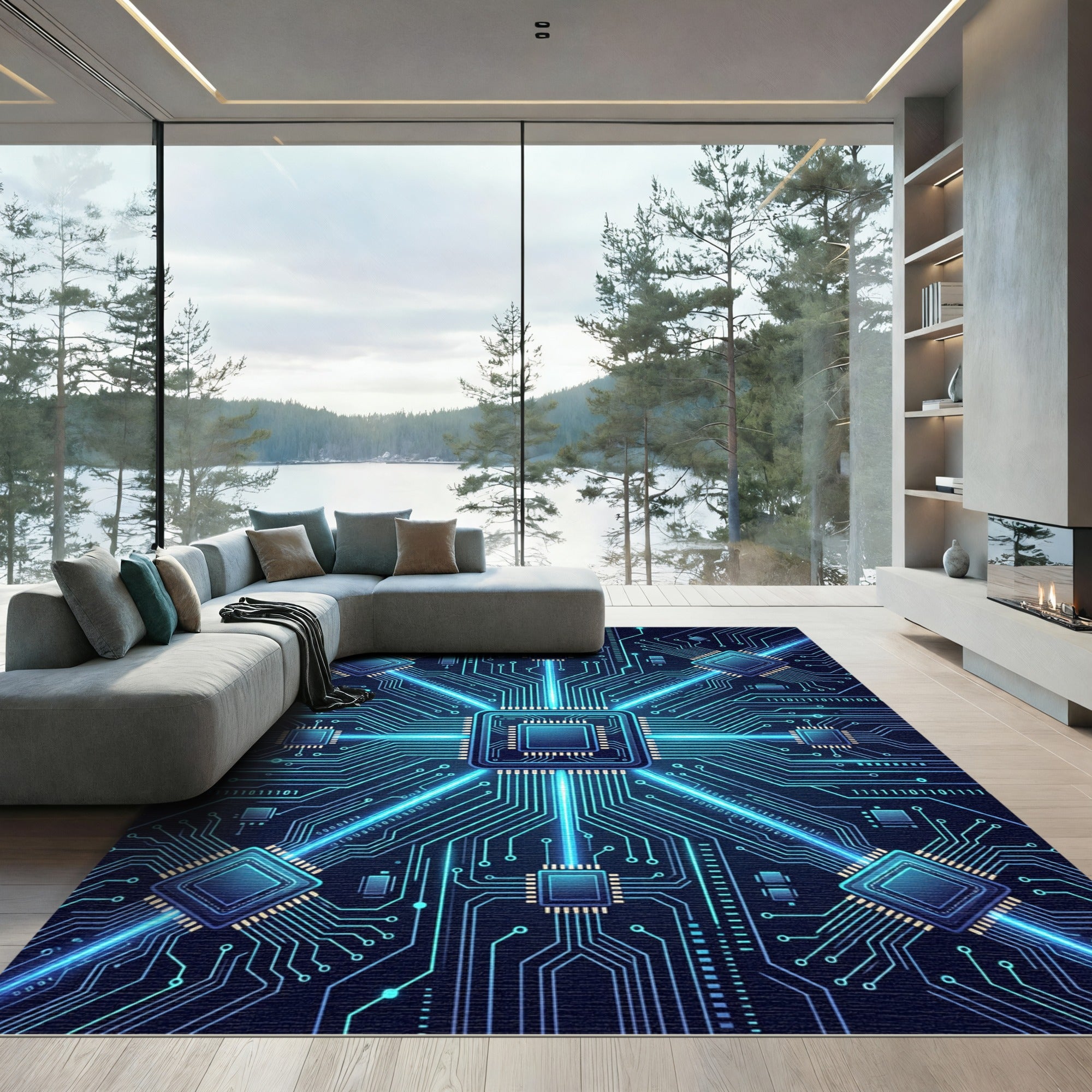 Neon Blue Cybernetic Circuit Grid Rug