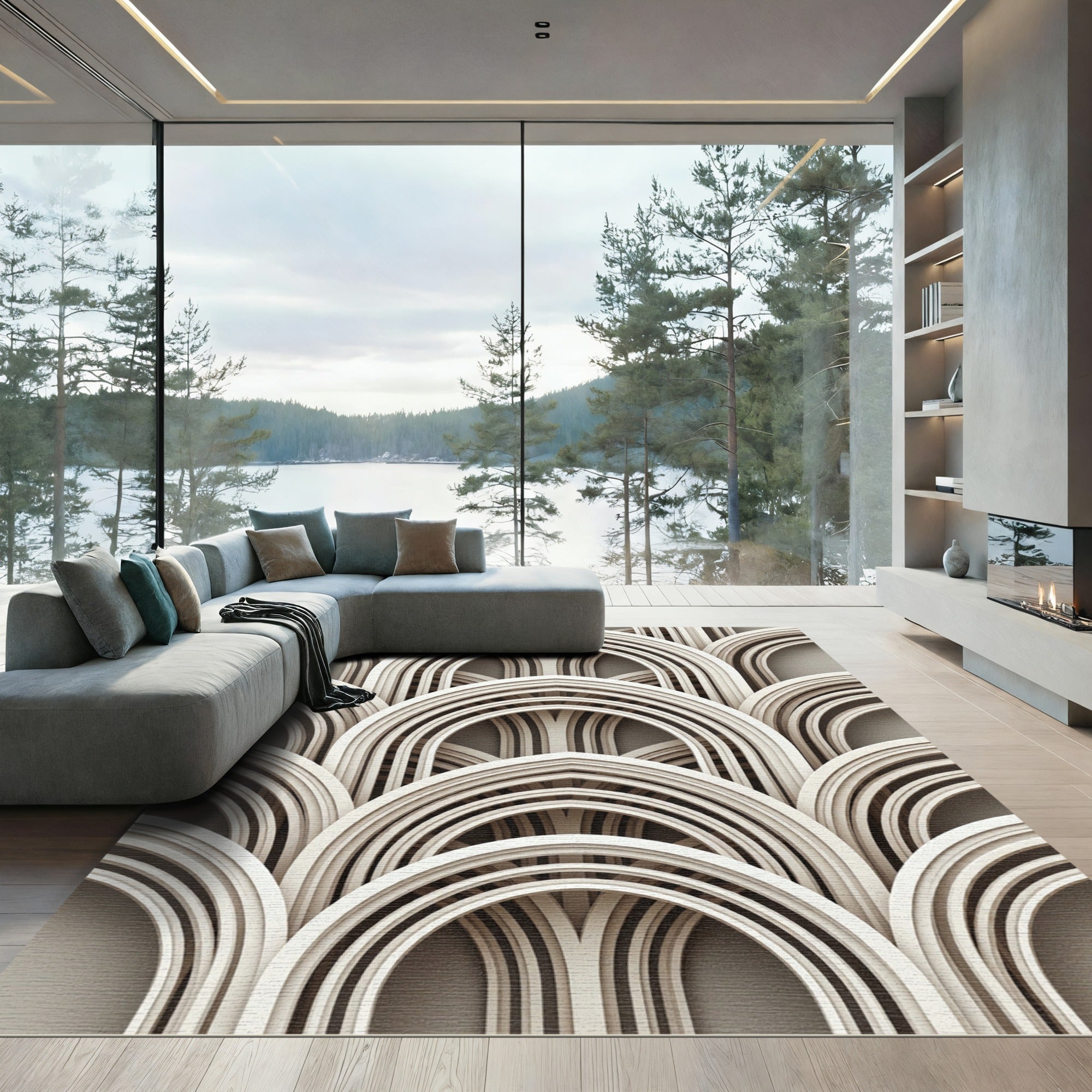 Elegant Neutral Arched Architectural Relief Rug