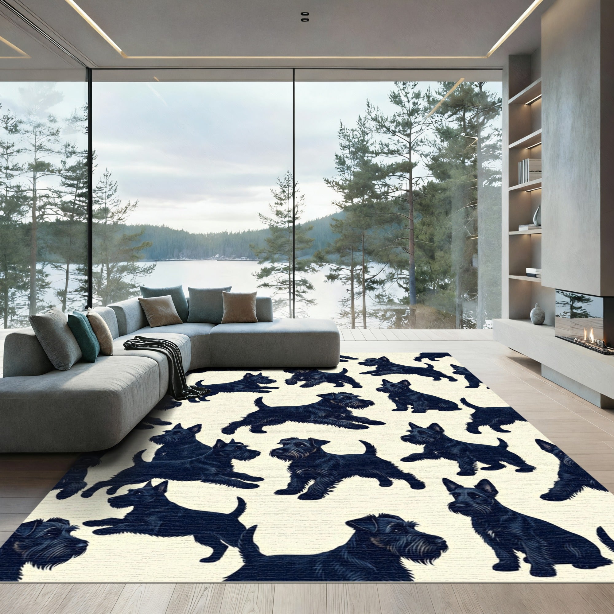 Playful Black Scottish Terrier Sketch Rug