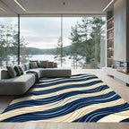 Modern Navy Beige Wavy Stripe Rug