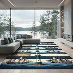 Nautical Lighthouse Blue Striped Maritime Scene Rug