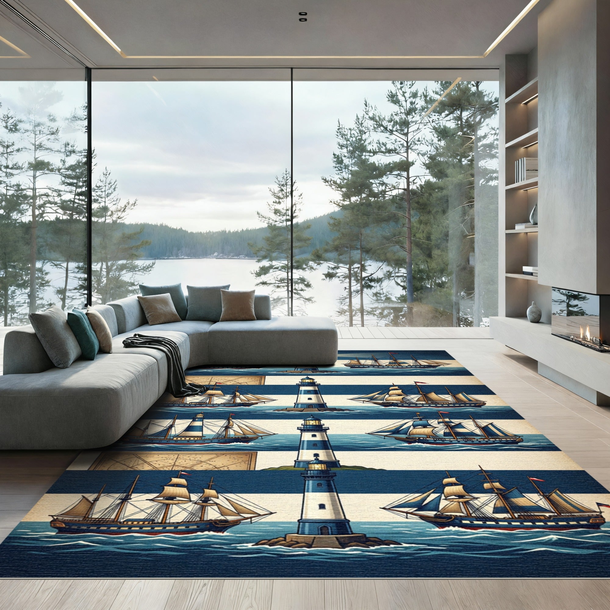 Nautical Lighthouse Blue Striped Maritime Scene Rug