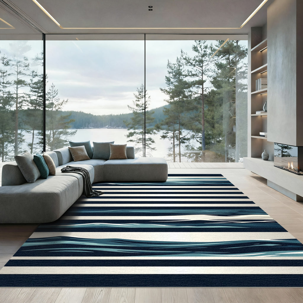 Modern Nautical Navy Blue Ocean Wave Rug
