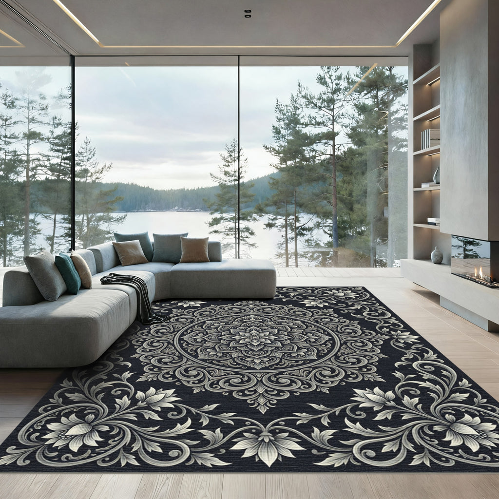 Ornate Silver Floral Medallion Rug