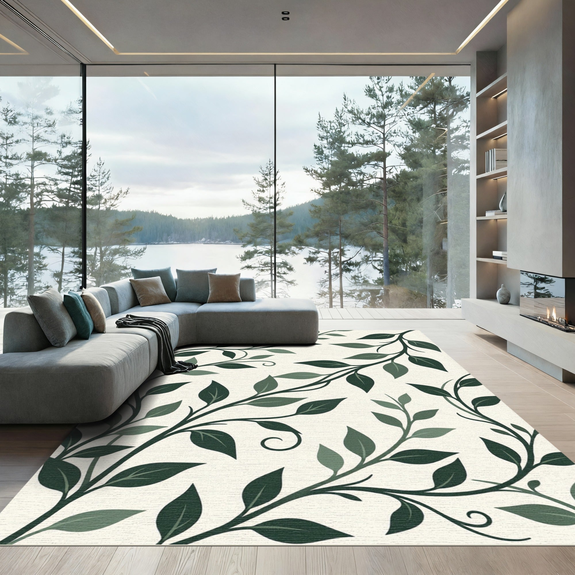 Dark Green Leafy Vine Swirl Rug