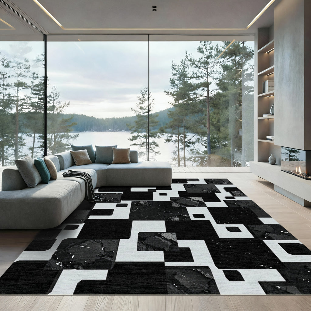 Monochrome Abstract Squared Geometric Art Rug
