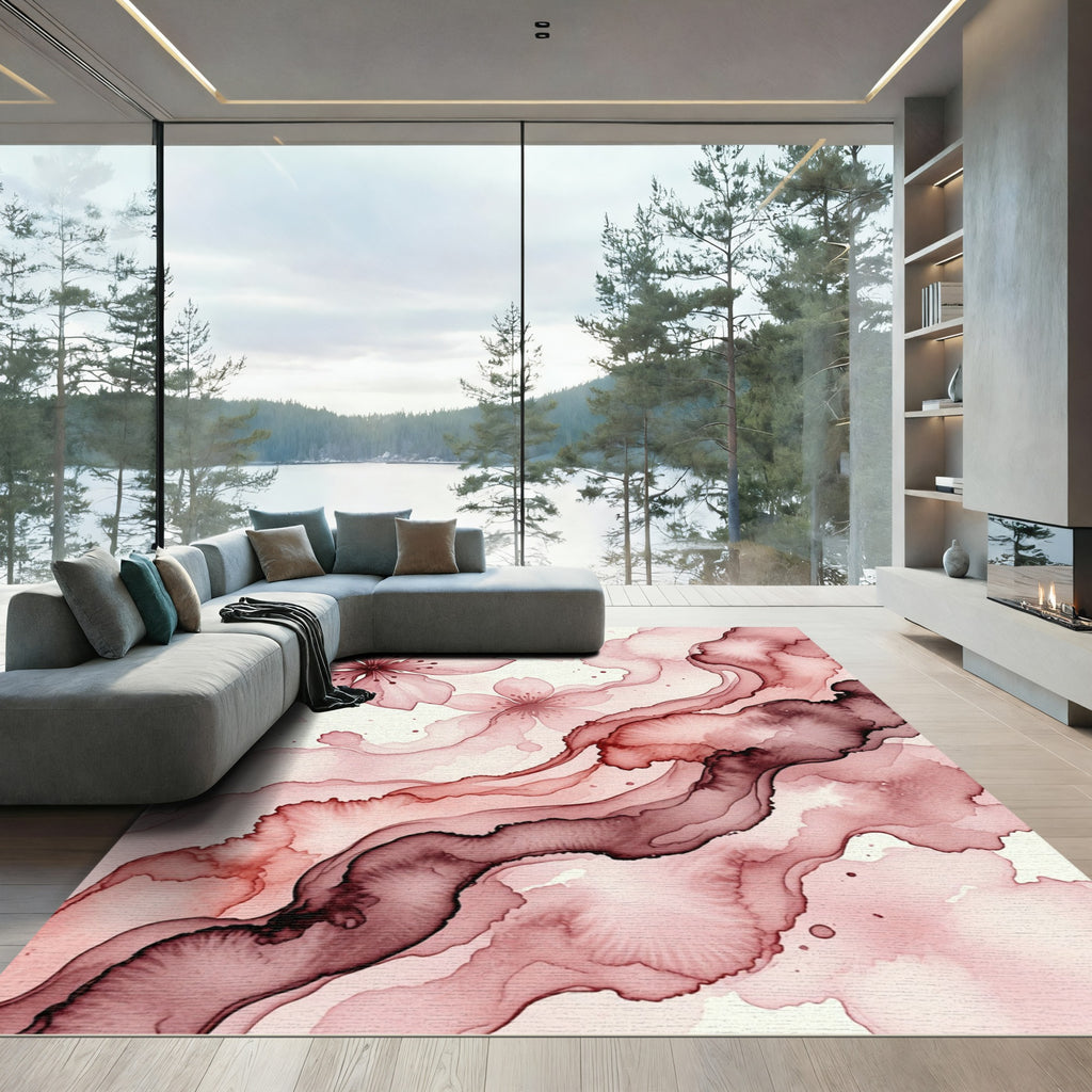 Ethereal Pink Cherry Blossom Watercolor Flow Rug