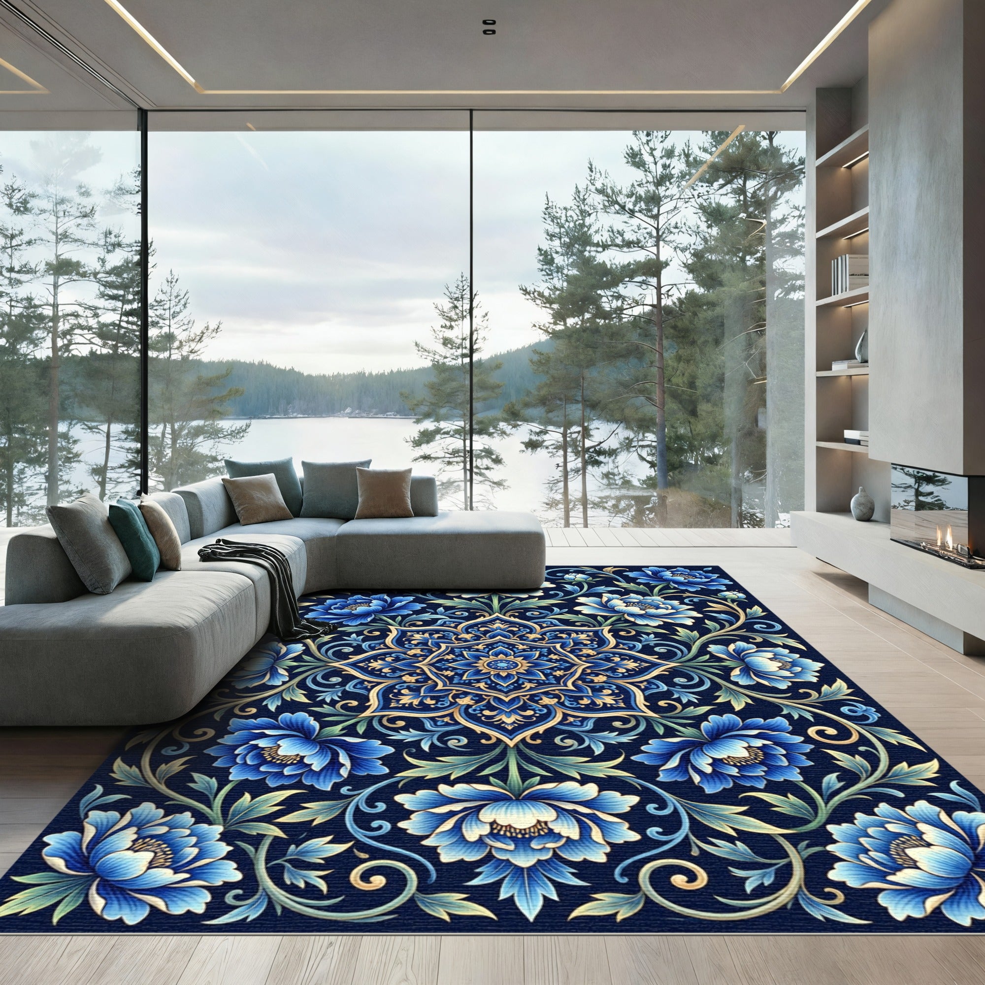 Deep Blue Floral Medallion Scrollwork Rug