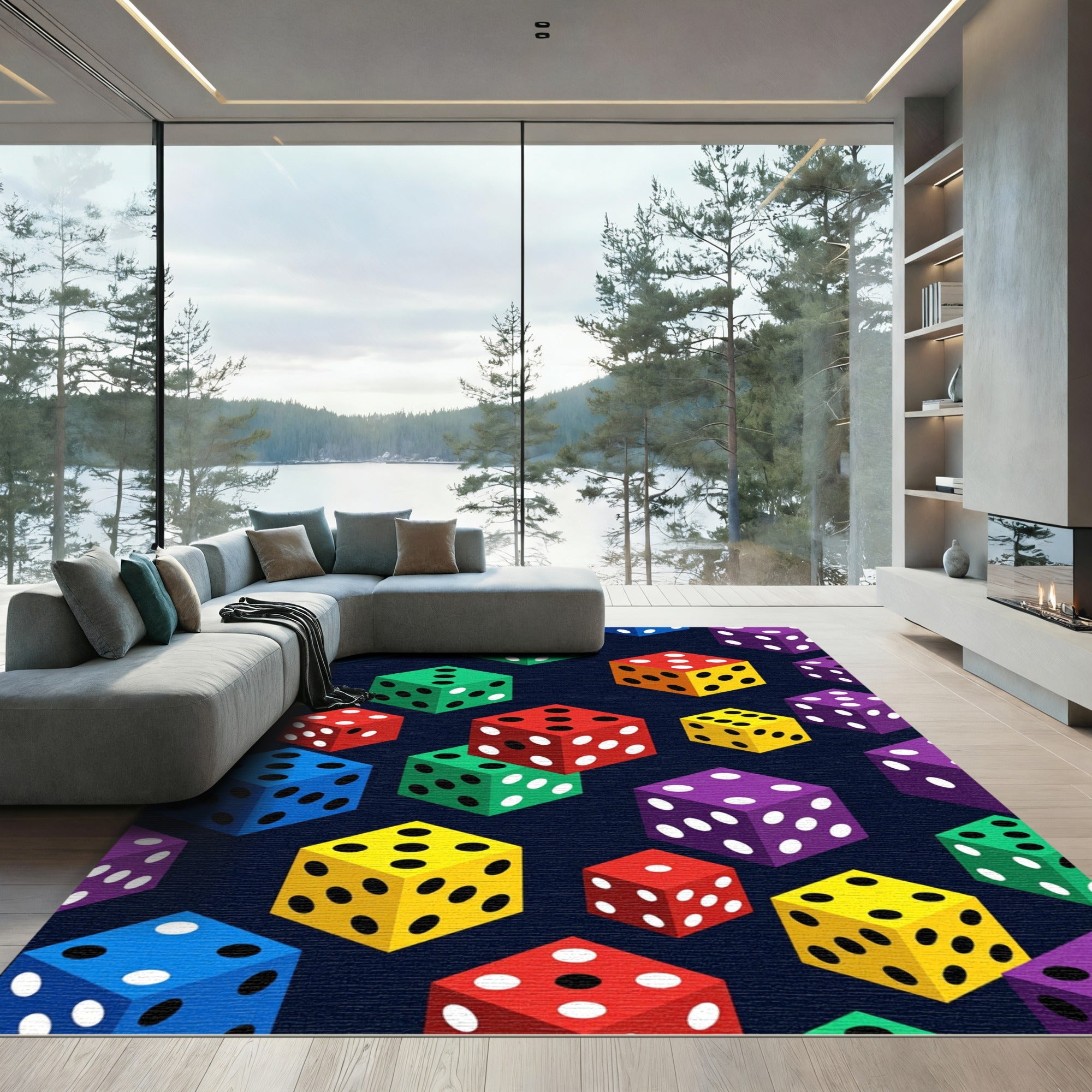 Vibrant Isometric Colorful Dice Mosaic Rug