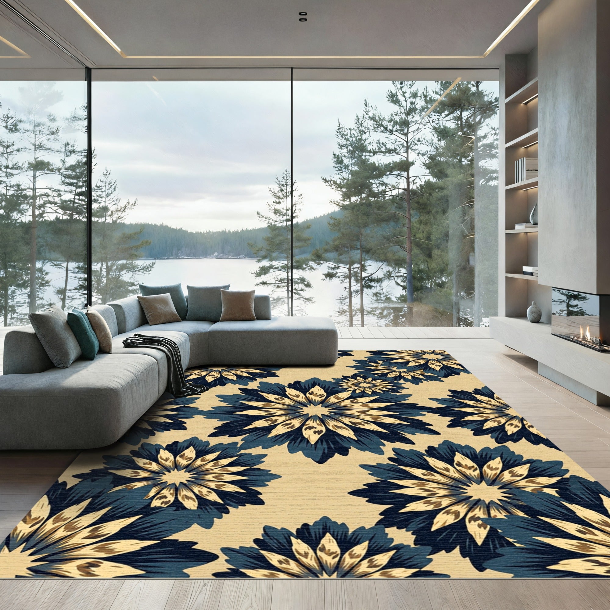 Navy Blue Blooming Petal Floral Rug