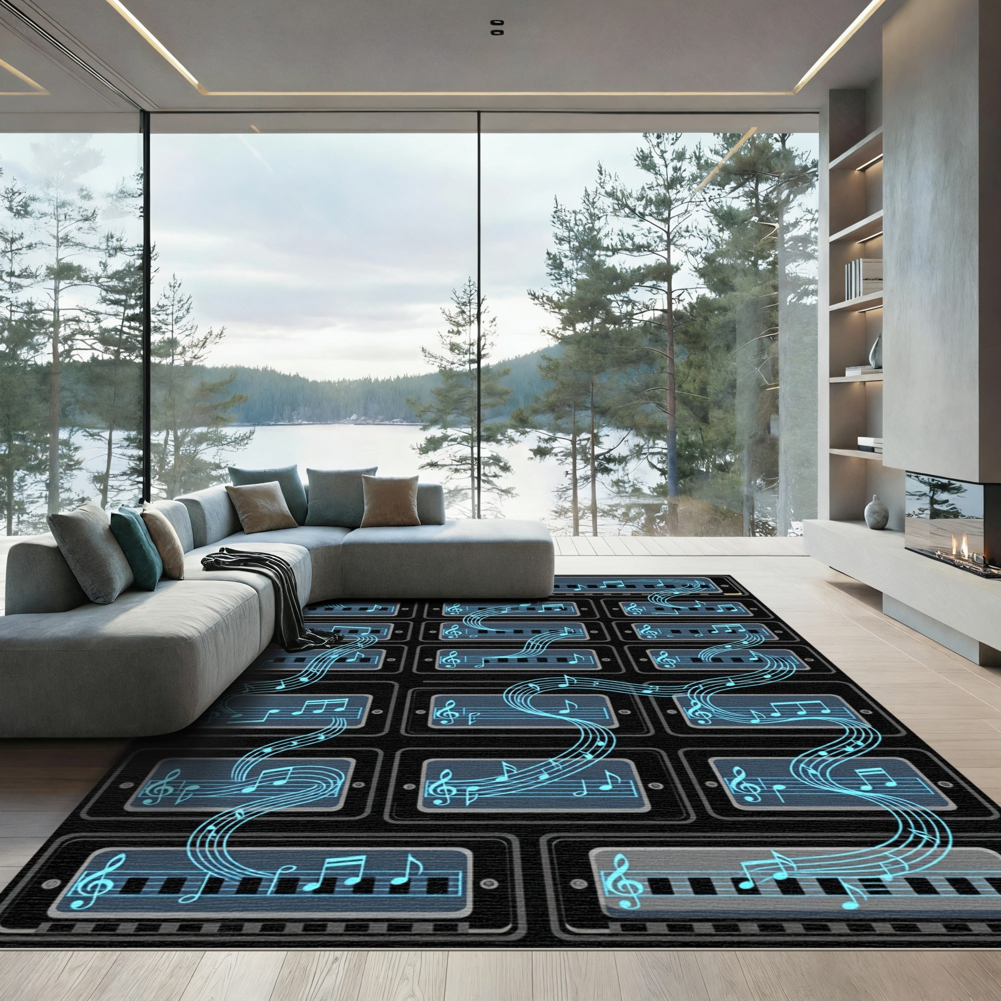 Neon Musical Harmonica Orchestral Grid Rug