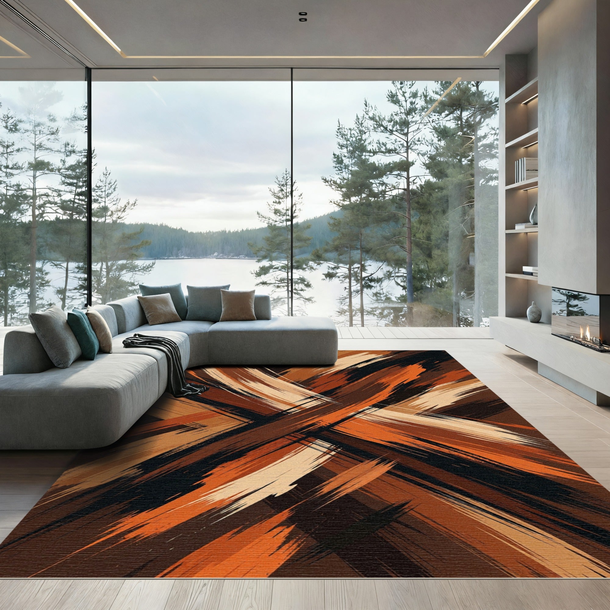 Abstract Burnt Orange and Earthy Brown Brushstroke Rug