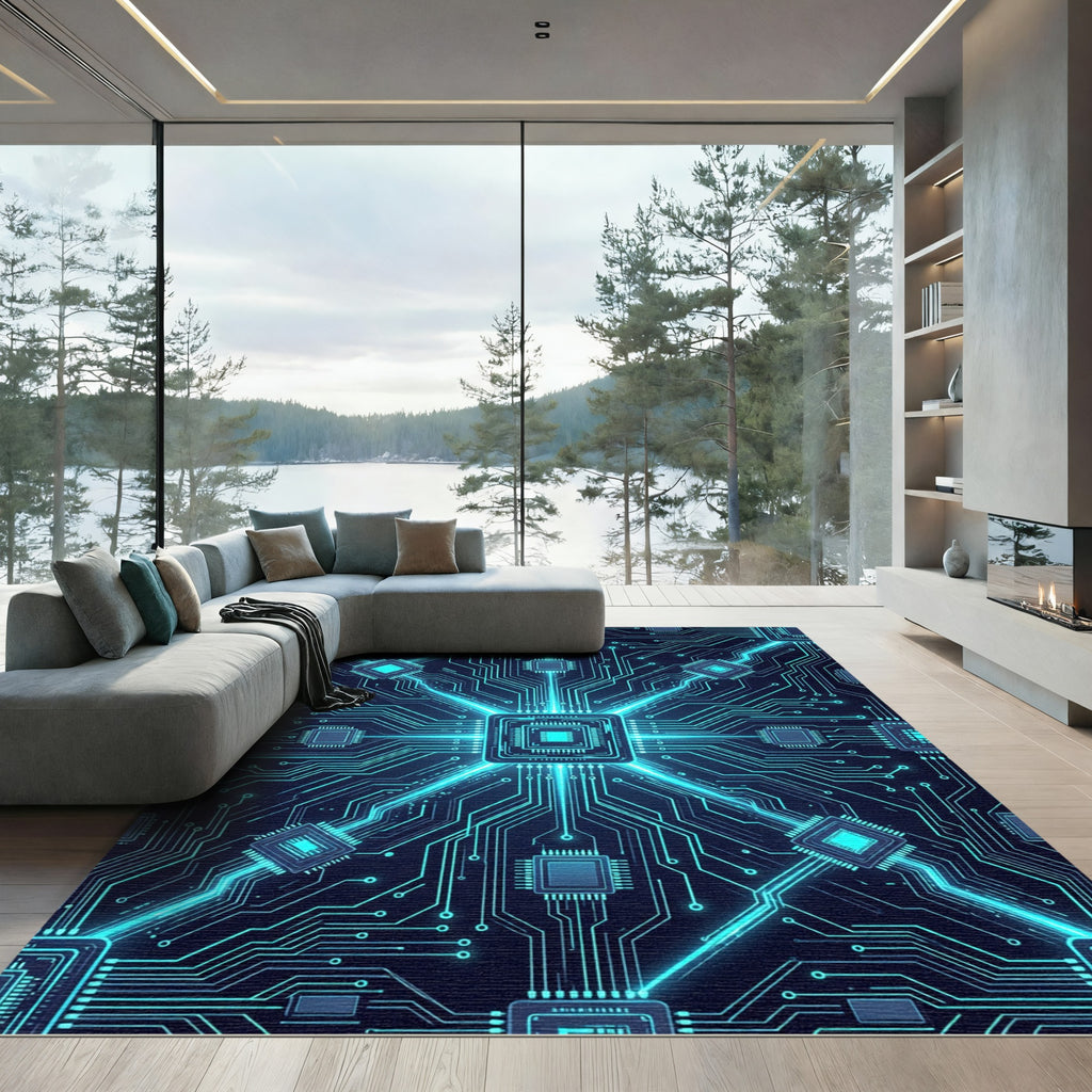 Luminous Cybernetic Circuit Board Blueprint Rug