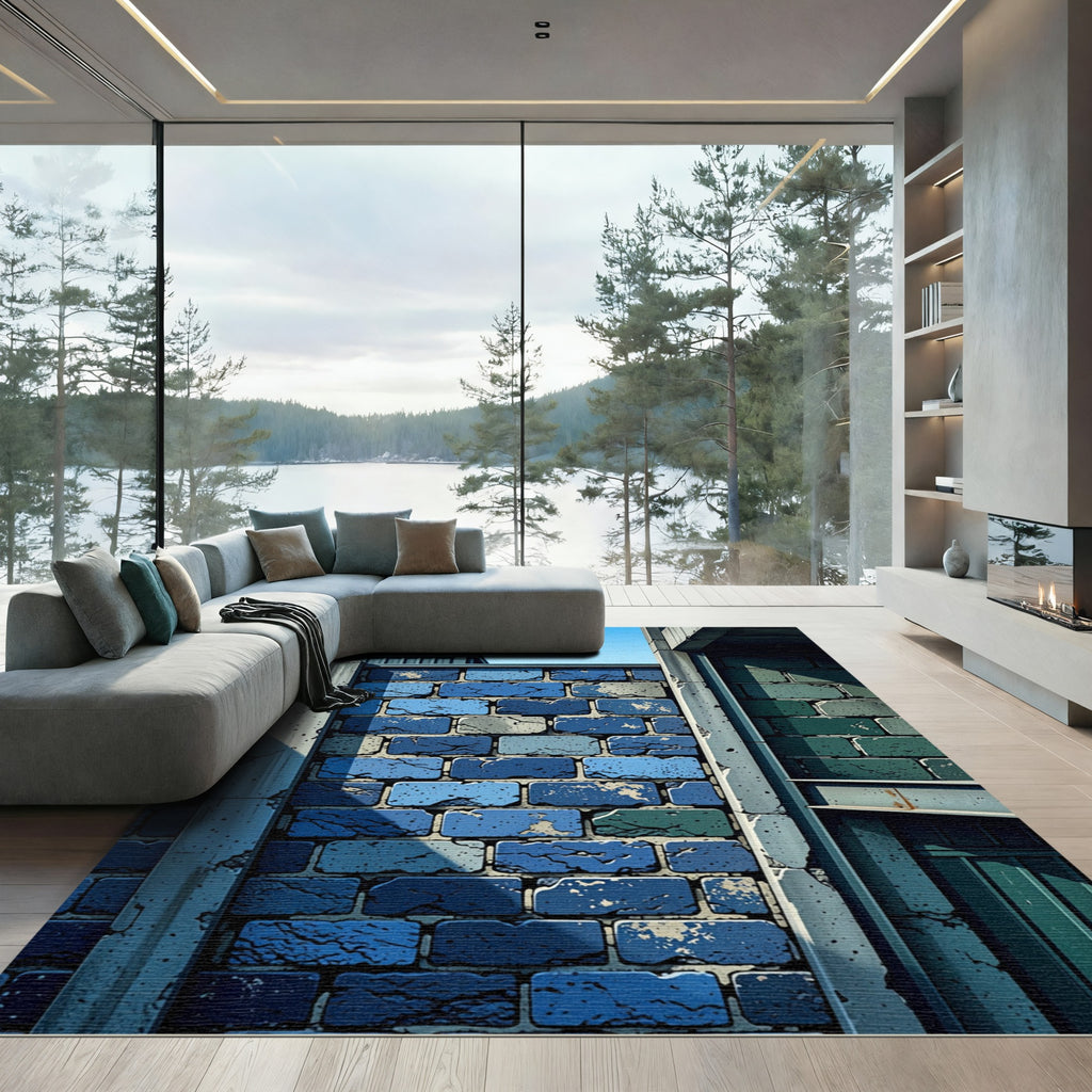 Deep Blue Cobblestone Texture Tones Rug