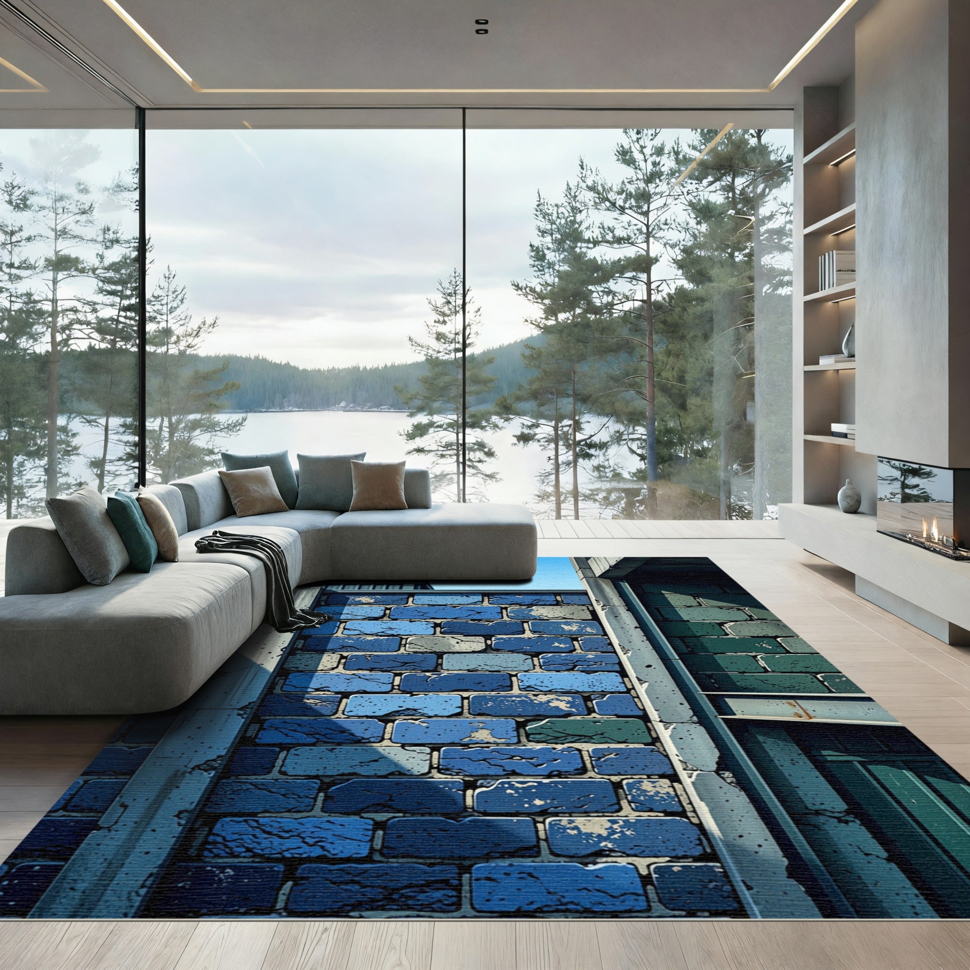 Deep Blue Cobblestone Texture Tones Rug