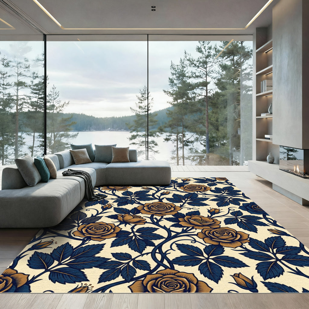 Gold Rose Navy Leaf Arrangement Rug