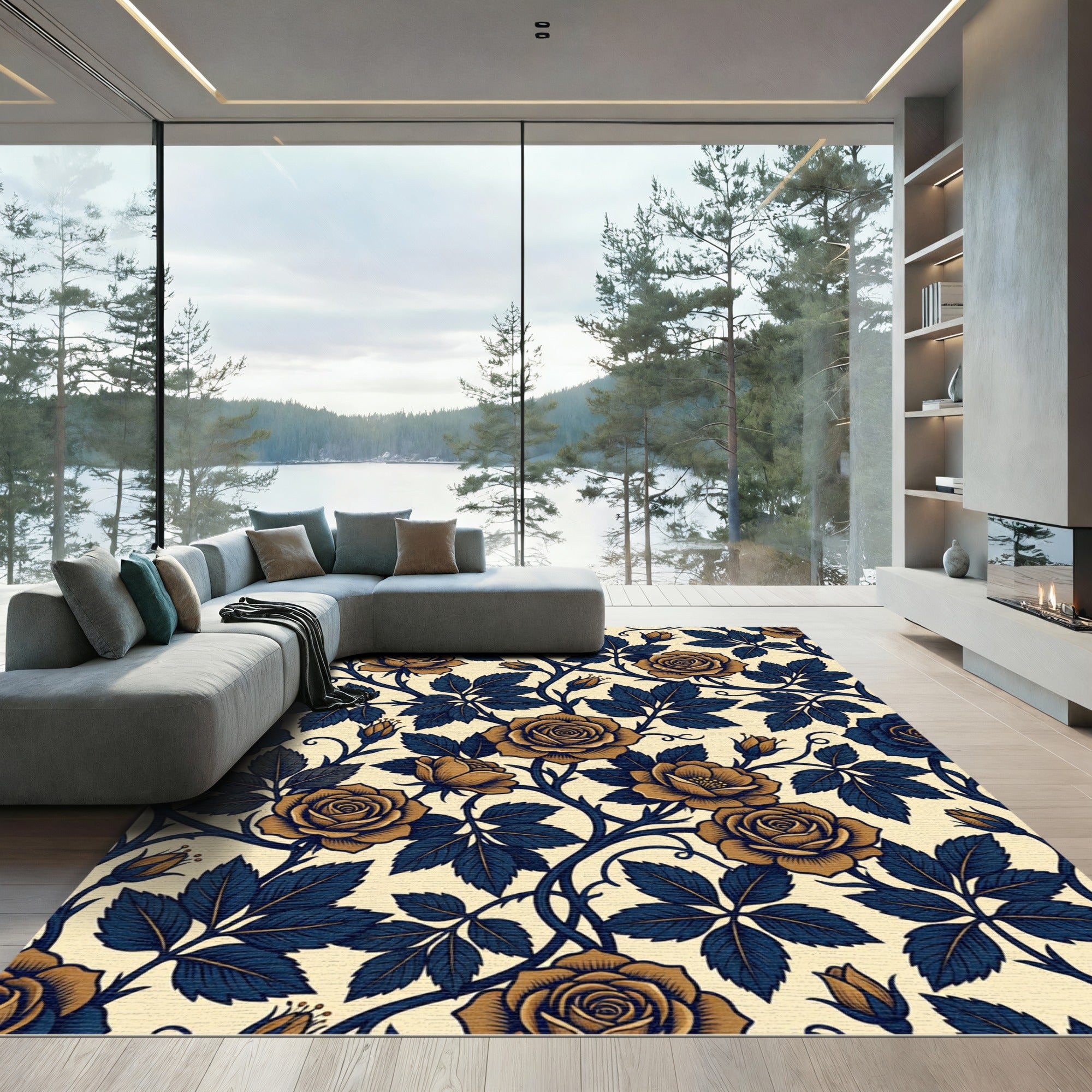 Gold Rose Navy Leaf Arrangement Rug