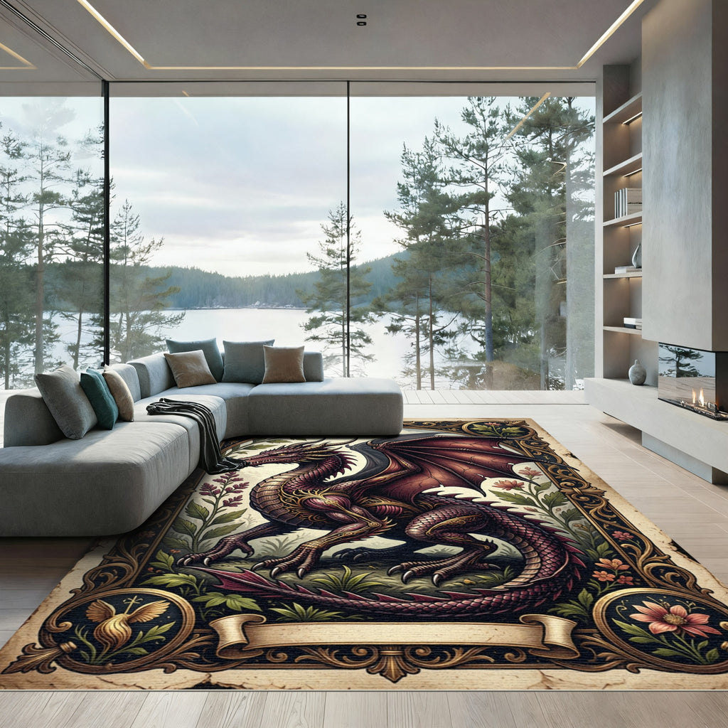 Dark Maroon Dragon Gilded Floral Art Rug