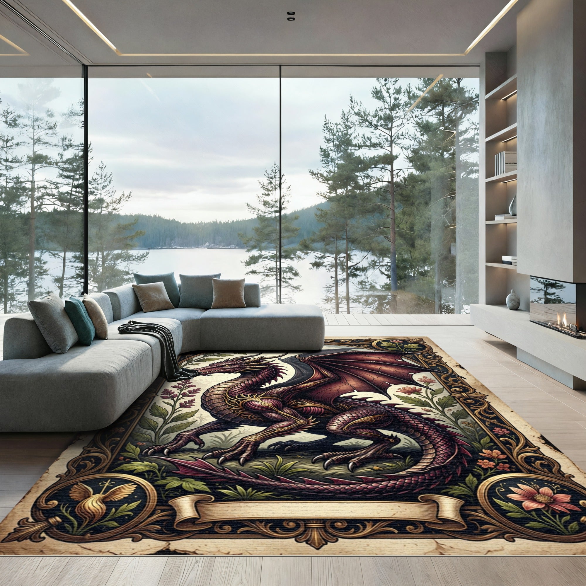 Dark Maroon Dragon Gilded Floral Art Rug