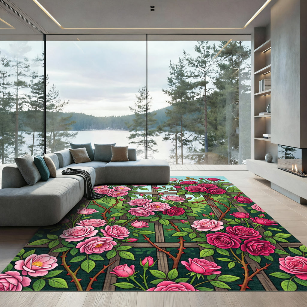 Pink Rose Garden Trellis Scene Rug