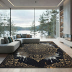 Elegant Gold Ornate Mandala Black Rug