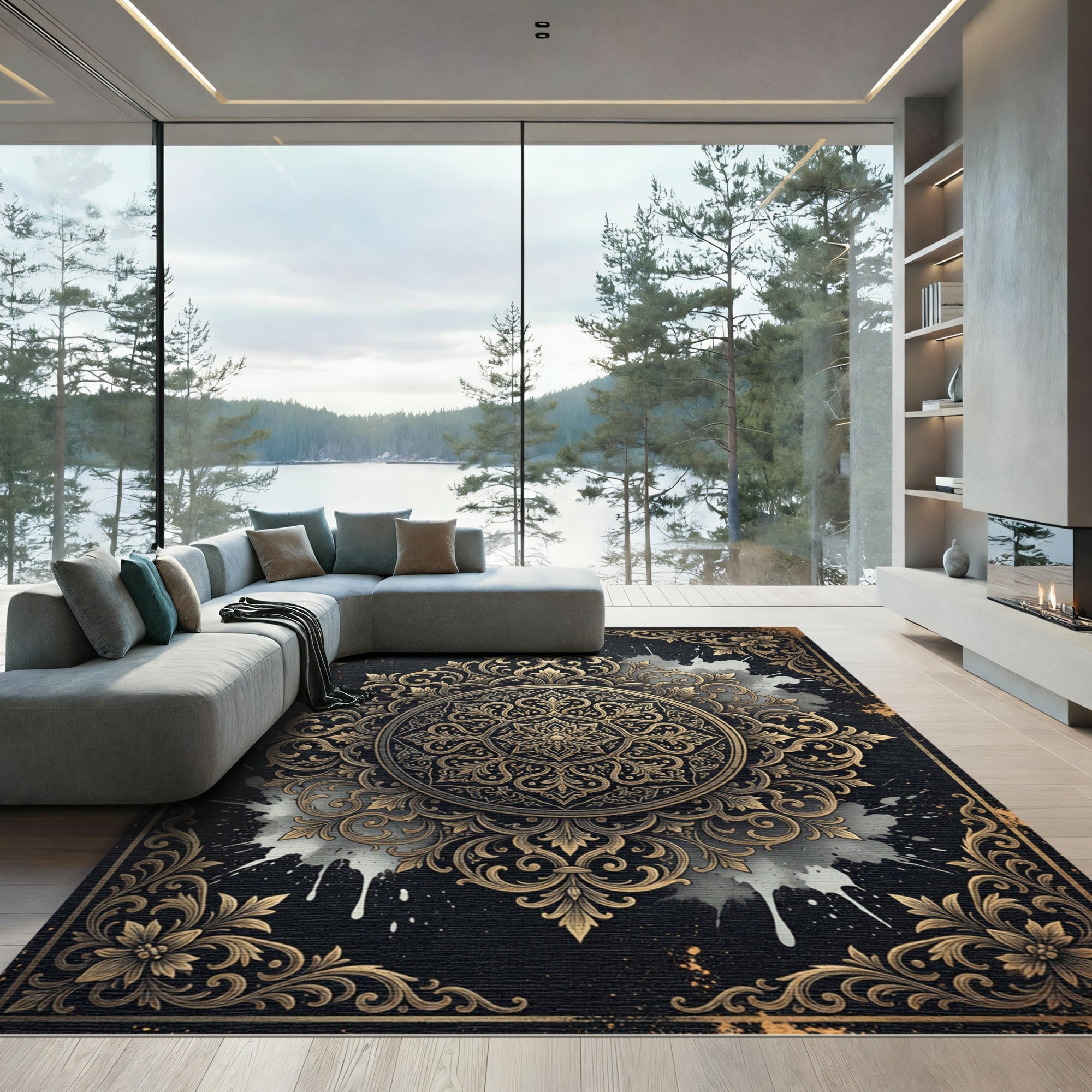 Elegant Gold Ornate Mandala Black Rug