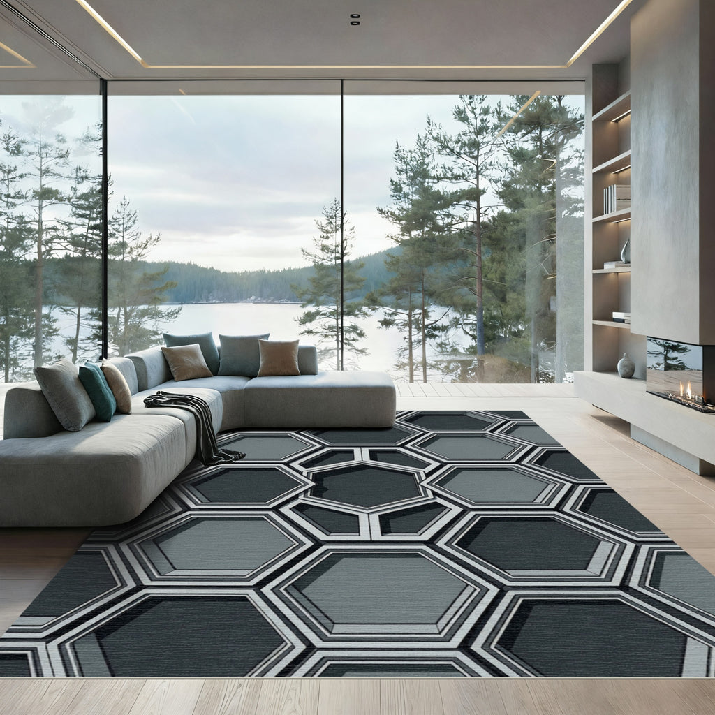 Sophisticated Charcoal Gray Geometric Honeycomb Rug