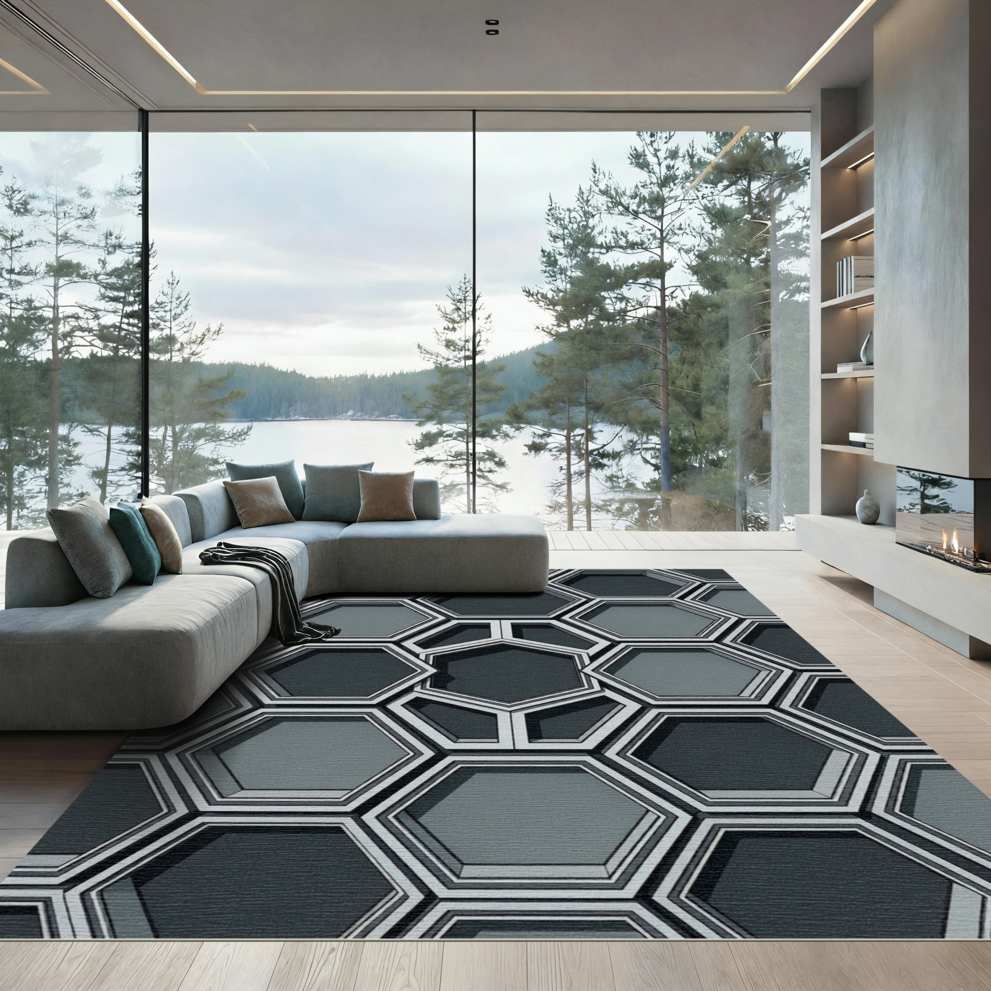 Sophisticated Charcoal Gray Geometric Honeycomb Rug