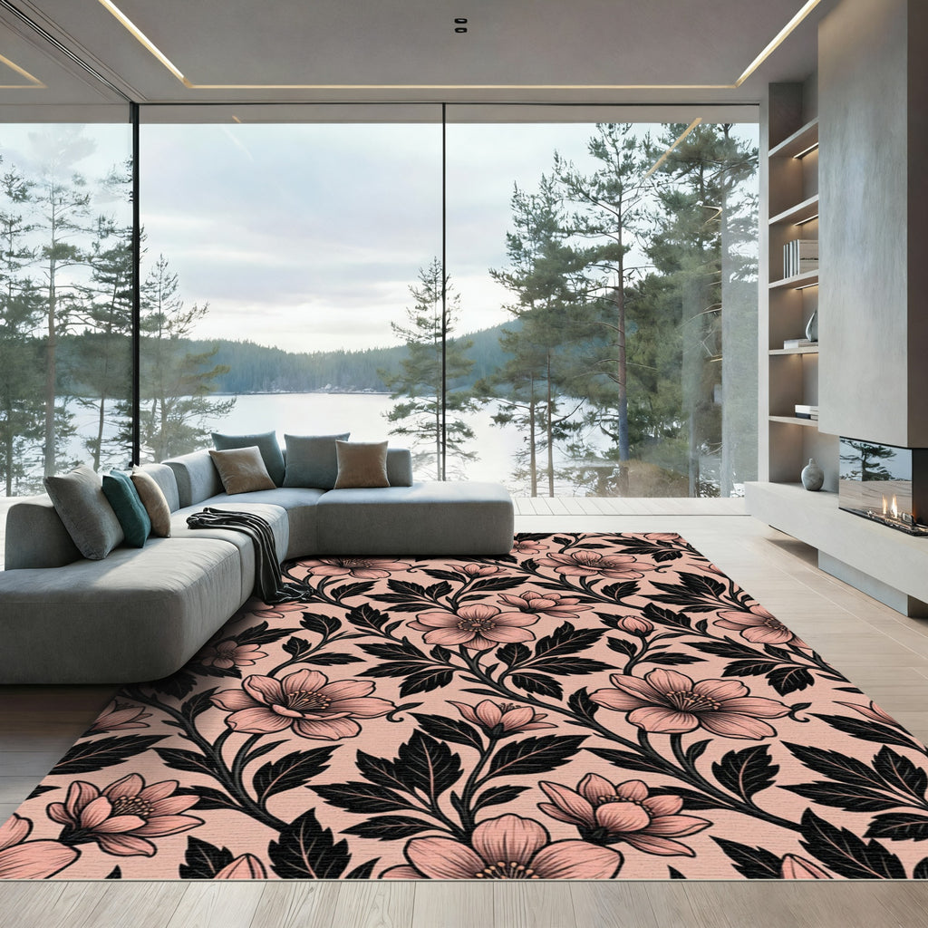Blush Pink Botanical Floral Art Rug