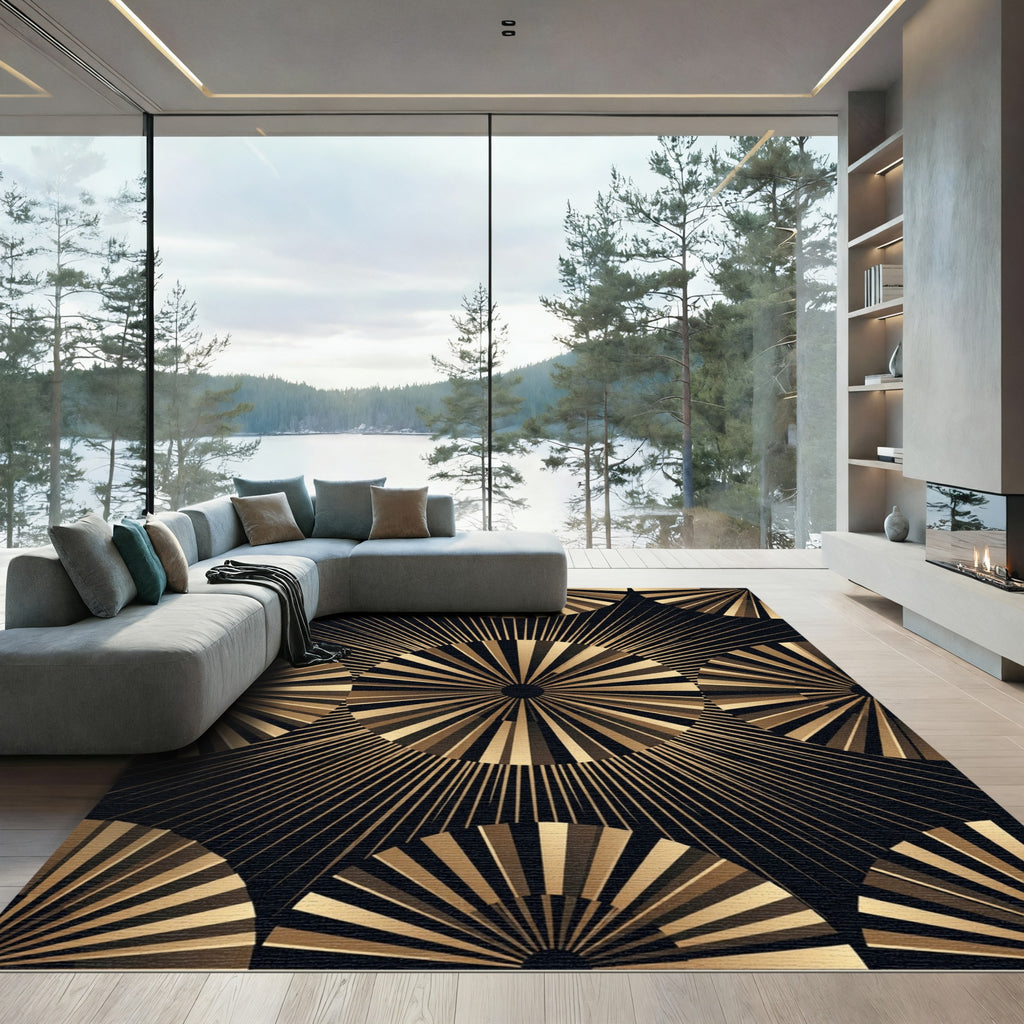 Art Deco Gold Sunburst Celestial Circle Rug