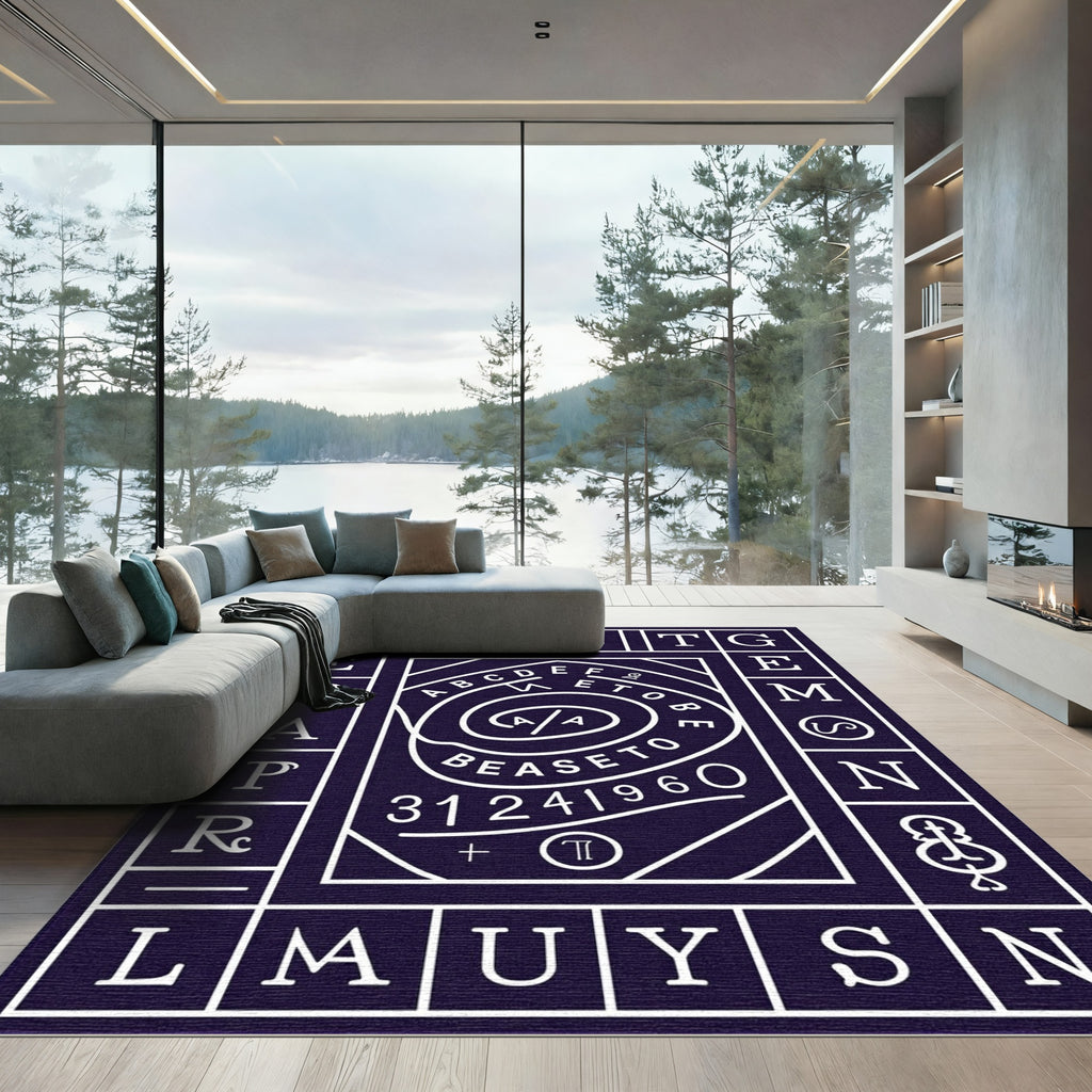 Dark Blue Alphabet Spiral Graphic Rug