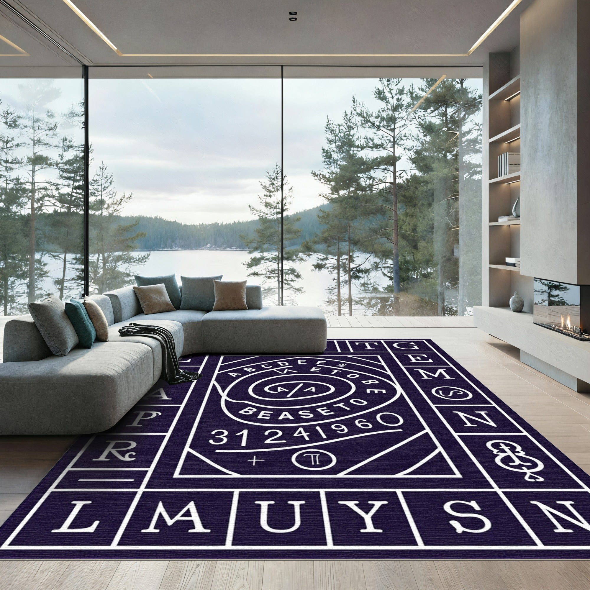 Dark Blue Alphabet Spiral Graphic Rug
