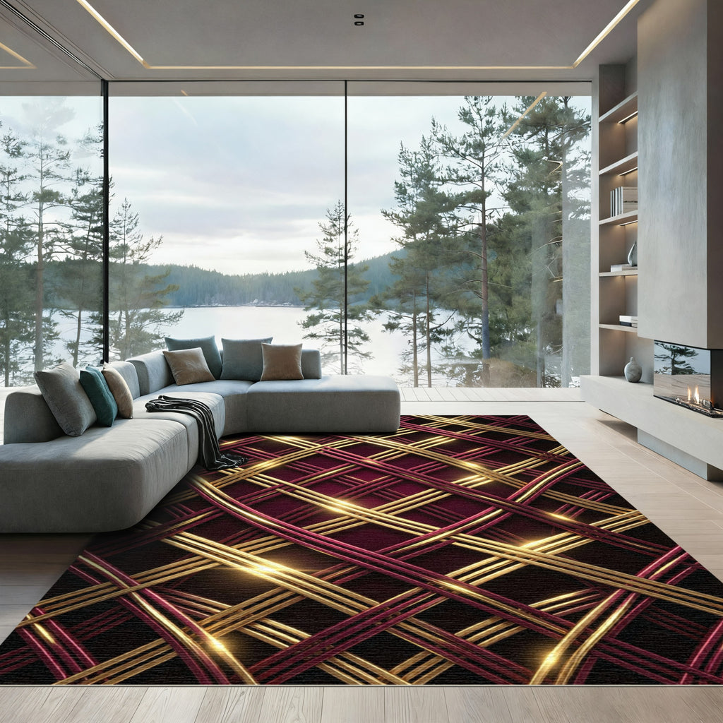 Rich Burgundy Gold Intertwined Lattice Rug